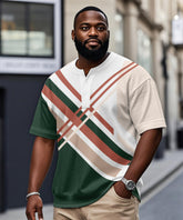 Big & Tall Men's Green Stripe Geometric Print Henley Collar Button Short Sleeve Tee